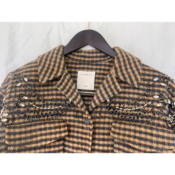 Sandro Paris Brodan Beaded Plaid Check Coat Wool Blend Button Front EU 38 US 6 - Picture 5 of 16